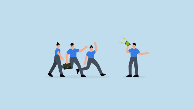 Business guide to move to the right success direction, Entrepreneur with loudspeaker instructs colleagues to proceed correctly