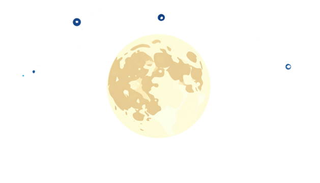 Pixelated yellow full moon surrounded by sparkling blue and white stars in a dark night sky background