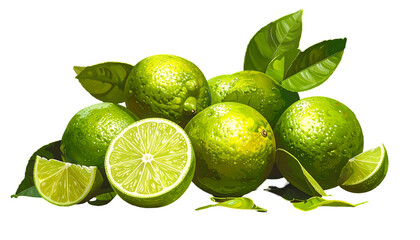 Juicy green limes with leaves, some cut, on a black background, lit with bright highlights, food still-life