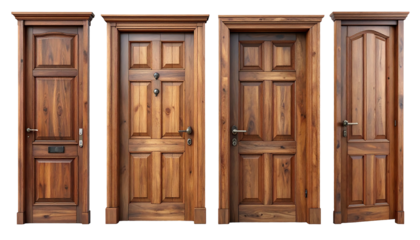 Four wooden doors, each with unique paneling and hardware, stand side-by-side on a black background