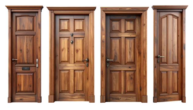 Four wooden doors, each with unique paneling and hardware, stand side-by-side on a black background