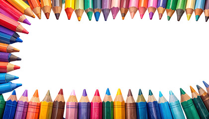 Frame of colorful pencils pointing inwards, surrounding a black background copy space rectangle