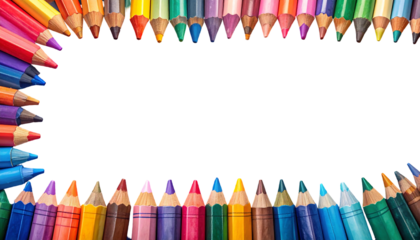 Frame of colorful pencils pointing inwards, surrounding a black background copy space rectangle