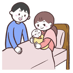 夫婦に抱っこされる赤ちゃんのイラスト