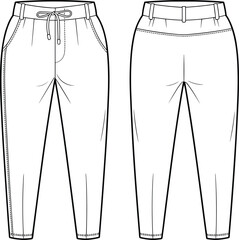 Jogger pants technical flat sketch, CAD drawing fashion vector template, casual trousers front and back view apparel design illustration