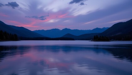 Fototapeta premium Tranquil Lake Reflection of Majestic Mountains During Serene Sunset in Wilderness