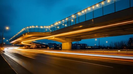 Nighttime highway overpass with illuminated lights
