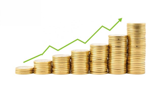 Pile of coins against a white backdrop alongside graphical lines showing business profit increases based on investment valuations.