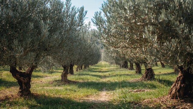 Fototapeta Ancient olive orchard showcasing rustic agricultural scenery with vintage wooden elements and lush foliage
