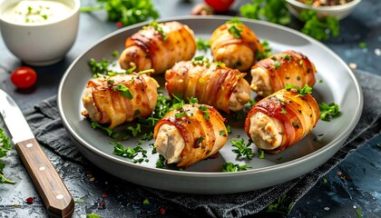 Crispy bacon-wrapped chicken rolls served on a plate with a side of sauce