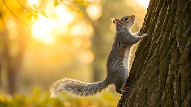 Squirrel Climbing Tree Trunk in Golden Hour Sunlight with Bokeh Background
