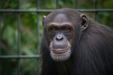 Detailed close-up of a chimpanzee behind bars in an animal enclosure