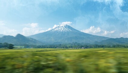 Naklejka premium A stunning mountain vista forms the backdrop for an abstract nature artwork featuring soft-focus fields and a dreamy watercolor sky