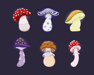 Poisonous mushrooms cartoon set for magic potion, fairtale forest, Halloween decor. Vector illustration