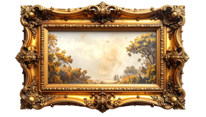 Framed autumn landscape art. Ornate, gilded frame with visible trees and cloudy sky within. Countryside setting