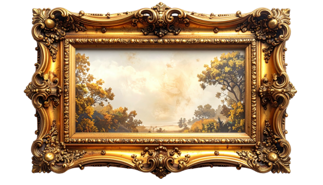 Framed autumn landscape art. Ornate, gilded frame with visible trees and cloudy sky within. Countryside setting