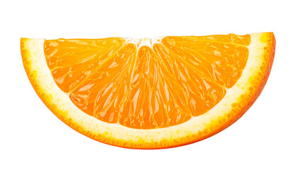 Juicy vibrant orange slice, a curved wedge, reveals the segmented pulp against a stark black background