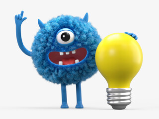 Fluffy, cute monster with a lightbulb, symbolizing ideas and innovation. 3D rendering, conceptual image. Isolated on white background.