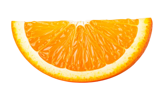 Juicy vibrant orange slice, a curved wedge, reveals the segmented pulp against a stark black background