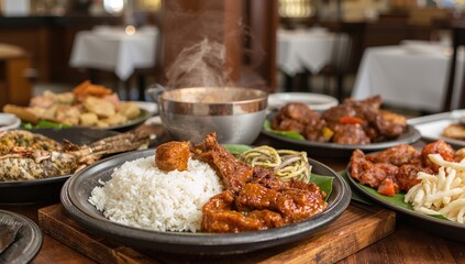 Obraz premium Traditional Indonesian meal featuring Padang rice and rendang on a wooden surface