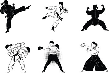 Martial arts fighters practicing karate, taekwondo, boxing, kung fu, and judo techniques, black and white vector illustration for combat sports training and design.