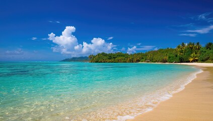 Fototapeta premium Tropical coastline with clear ocean waves and lush greenery