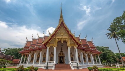 Naklejka premium Buddhist temple with Gothic architectural design featuring pagoda and scenic urban backdrop