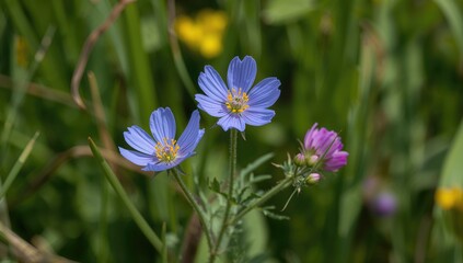 Fototapeta premium Sunny June view of Cupid's dart with blue blossoms