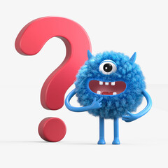 Fluffy, cute monster beside a question mark, symbolizing inquiry or curiosity. 3D rendering, conceptual image. Isolated on white background.