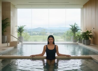 A woman is in a pool, wearing a black swimsuit