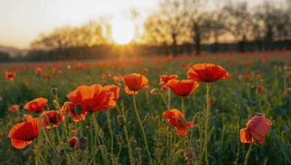 Bright crimson poppies flourishing in a picturesque meadow at dawn, with a line of trees silhouetted against the warm glow illuminating the tranquil scene.