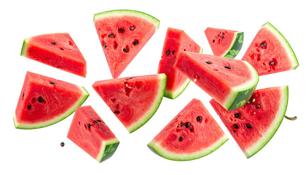 Juicy watermelon slices, red and green rinds with scattered seeds on black background - Powered by Adobe