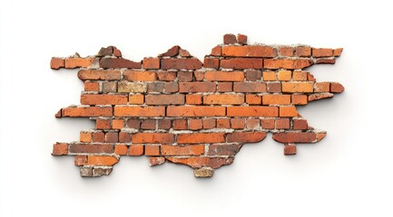 Damaged brick wall section on white