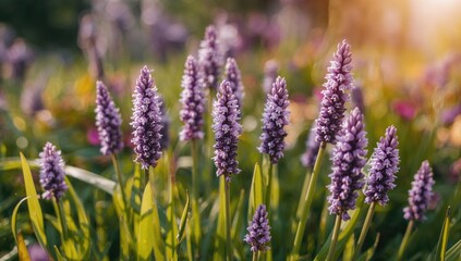 Obraz premium Close-up of tiny violet grass flowers, showcasing summer nature textures and floral beauty in a garden setting
