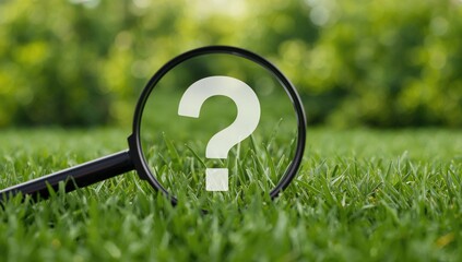 Magnifying glass highlighting a symbol and question mark on grass, representing decision making and problem resolution in a natural outdoor setting.