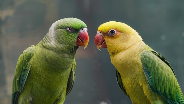 Two parrots interact inside a transparent cage at the wildlife park. The darker bird dominates the lighter one. Animals display sorrowful feelings. Dispute between the two birds.