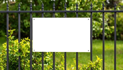 Blank sign on a metal fence in a garden
