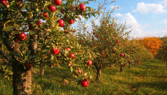 Fototapeta Mature crimson apples hanging in a fruit grove