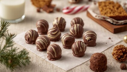 Handcrafted chocolate truffles displayed on a plain surface