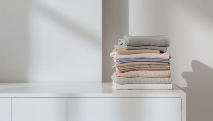 Pile of neatly folded garments on indoor storage unit, style, wardrobe, indoor setting, clean, color scheme, living environment, furnishings, collection, apparel
