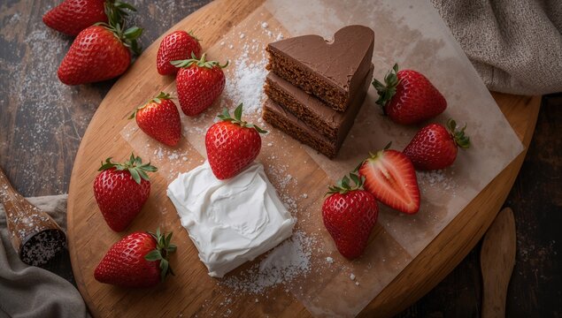 Fresh organic strawberries on a rustic wooden platter alongside a rich triple chocolate mousse cake. Gourmet dessert. Culinary creation. Food styling. Still life photography.