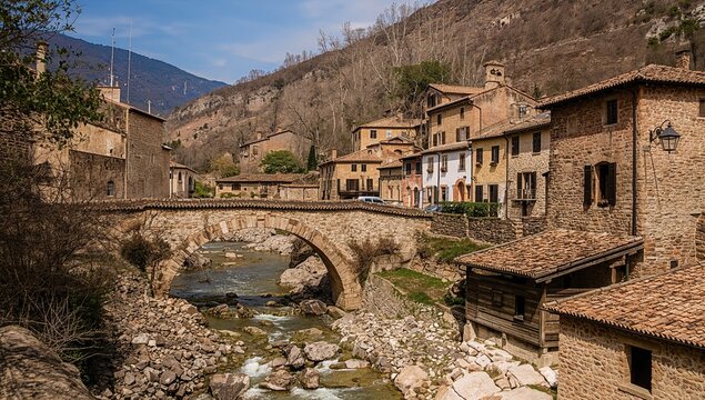 Ancient stone bridge spanning a mountain river in a quaint rural village