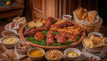 Assorted grilled meats including kebabs and chicken with sides like salad and bread