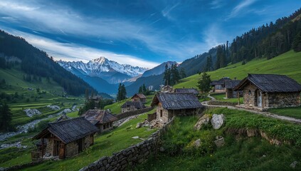 Scenic rural settlement surrounded by verdant hills and icy peaks