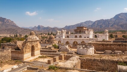 Historic building remnants from a bygone era in a remote setting with mountainous backdrop