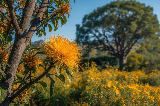 Kadamba tree blooming with flowers, also known as burflower-tree and Leichhardt pine