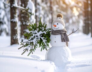 Snowman in snowy forest with a Christmas tree branch