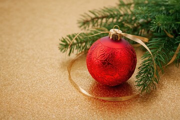 Festive holiday design featuring red decoration and evergreen sprigs on a golden backdrop