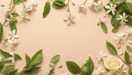 Fototapeta premium Fragrant jasmine blossoms accompanied by lush green foliage on a neutral beige surface, viewed from above with room for text