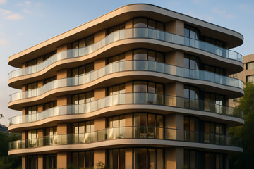 Obraz premium Modern residential building with flowing architecture and glass balconies